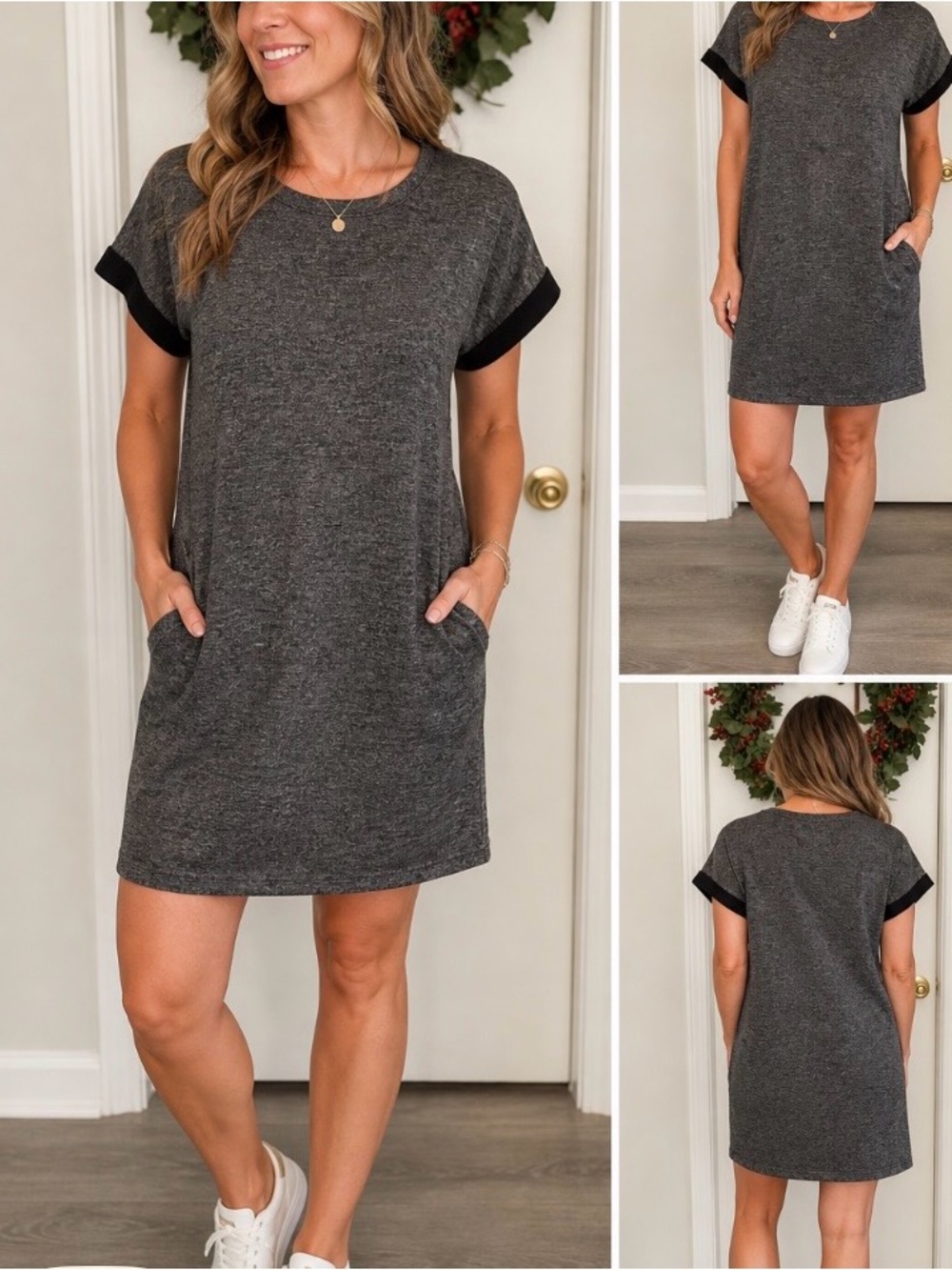 Adrienne Vittadini T Shirt Dress Women M Heather Gray Pocket Shift Dress Comfort